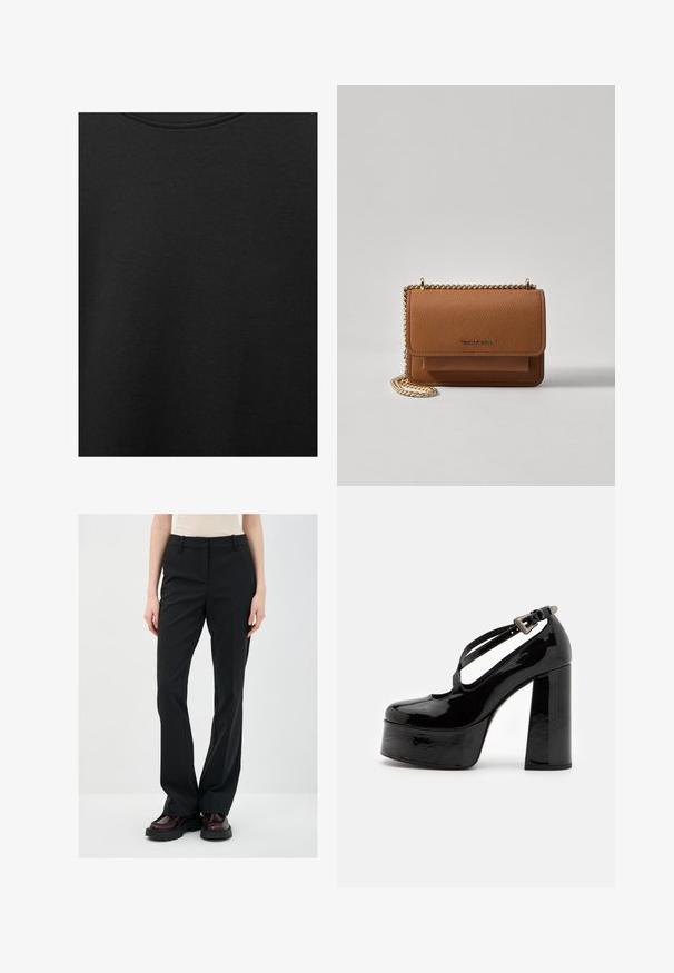 Zwarte katoen stof met een soepele textuur en een ronde halslijn, met een subtiele, gelijkmatige nerfpatroon. Geen zichtbare logo's of accenten.; Zwarte geklede broeken met een recht gesneden ontwerp, gemaakt van een gladde stof. Voorzien van riemlussen en een platte voorkant. Gepaard met donkere laarzen.; The Kooples CHAUSSURES - Hoge hakken - black; Bruine lederen schoudertas met textuur, voorzien van een gouden kettingstrap en klepsluiting. De voorkant heeft een logo-detail en een zak onder de klep.