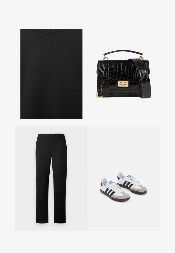 Schwarzer Baumwollstoff mit glatter Textur und Rundhalsausschnitt, der ein dezentes, gleichmäßiges Strukturmuster aufweist. Keine sichtbaren Logos oder Akzente.; Schwarze Hose mit geradem Bein, aus einem glatten Stoff gefertigt, mit tailliertem Bund und vorderen Taschen.; Sportschuhe mit einem Obermaterial aus weißem Leder, grauer Wildleder-Zehenkappe und drei schwarzen Streifen. Sie verfügen über ein blaues Logo auf der Zunge und eine strukturierte Gummisohle.; Schwarz lackierte Handtasche mit Krokodilstruktur, goldfarbenen Hardware, einem oberen Griff und einem abnehmbaren Schulterriemen. Rechteckige Form mit Klappenverschluss.
