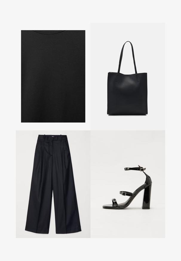 Crni pamučni materijal s glatkom teksturom i okruglim izrezom, s nježnim, ravnomjernim uzorkom. Nema vidljivih logotipa ili akcenata.; Crne široke hlače izrađene od glatkog materijala, s visokim strukom, nabranim detaljima i krojem po mjeri. Jednostavan crni hardver na struku.; Crne lakirane sandale na pete sa kvadratnim nosom, trakama oko gležnja i srebrnim kopčama. Imaju čvrst blok petu za stabilnost.; Crna kožna torba za nošenje s glatkom teksturom, pravokutnim oblikom i dvije duge ručke. Nema vidljivih metalnih dijelova ili ukrasa.