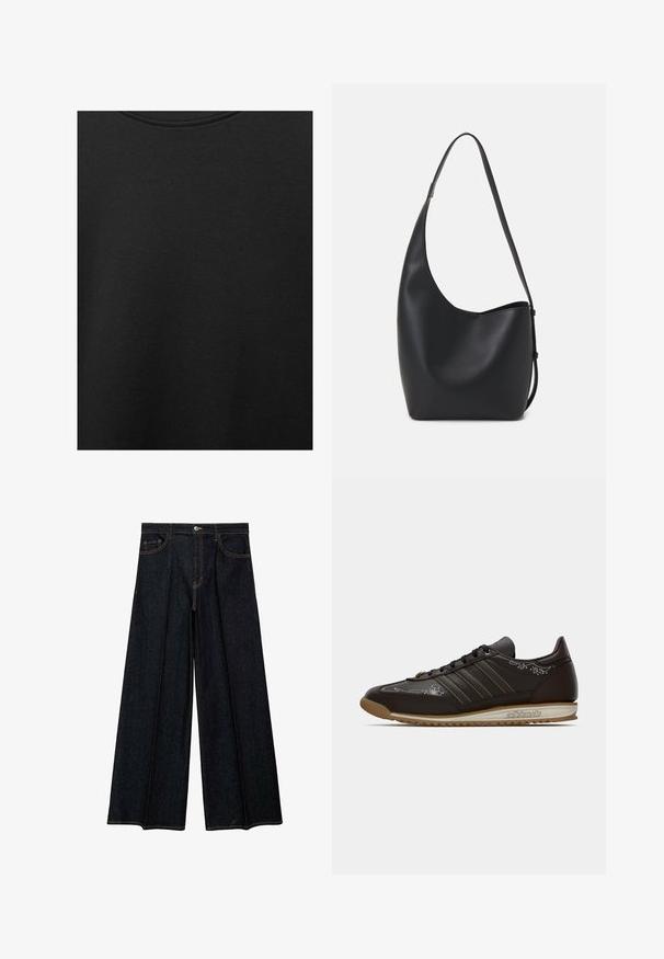 Țesătură de bumbac neagră cu o textură netedă și un guler rotund, având un model de granulație subtil și uniform. Fără logo-uri sau accente vizibile.; Jeans evazate din denim închis, cu talie înaltă, buzunare frontale și cusături contrastante. Textură netedă cu un finisaj rafinat.; Tenisi Adidas jos profil, maro, cu sireturi negre, modele brodate albe și talpă de gumă, arătați din lateral pe un fundal alb.; Geantă hobo din piele neagră, cu o textură netedă, formă curbată și un singur bretele ajustabil; are o deschidere largă în partea de sus.