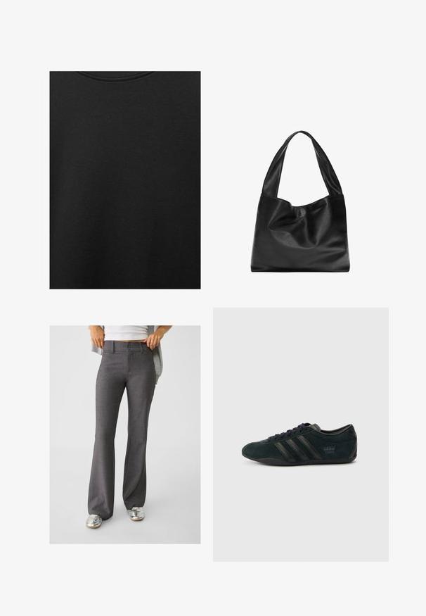 Svart bomullstyg med slät textur och rund halsringning, med ett subtilt, jämnt kornmönster. Inga synliga logotyper eller dekorationer.; Grå utställda byxor i texturerat tyg, med dubbelknappslås och bälteshällor, i kombination med blanka silversneakers.; Svart sportskor i mocka med tre svarta ränder, rundad tå och platt sula med en diskret logotyp på hälen.; Svart läder tote-väska med en mjuk, sluttande design, breda handtag och slät yta. Ingen synlig hårdvara eller utsmyckningar.