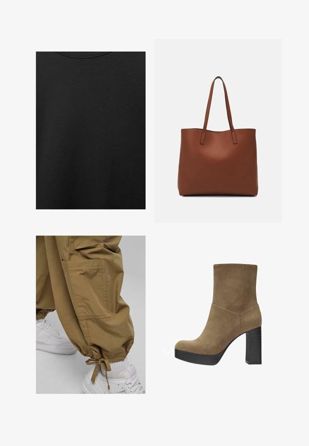 Svart bomullstyg med slät textur och rund halsringning, med ett subtilt, jämnt kornmönster. Inga synliga logotyper eller dekorationer.; Khaki cargobyxor med elastiska muddar, sidofickor och en mjuk yta, kombinerade med vita sneakers. Avslappnad design som passar för vardagsbruk.; Bruna mockaskinnankelstövlar med rundad tå, hög klack och strukturerad svart plattformssula. Slät yta med minimal sömnadsdetalj.; Brun läder tote-väska med en slät textur, öppen toppdesign och två axelremmar. Har minimal söm och ingen synlig metalldetalj.