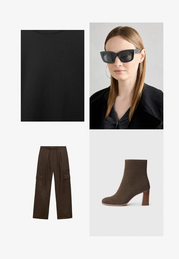 Černá bavlněná tkanina s hladkým povrchem a kulatým výstřihem, s jemným, rovnoměrným zrnem. Žádné viditelné loga ani akcenty.; Hnědé široké cargo kalhoty vyrobené z lnu. Mají stahovací pas a dvě boční nášivné kapsy. Hladká, strukturovaná tkanina.; Hnědá semišová kotníková bota s kulatou špičkou a podpatkem z vrstveného texturovaného materiálu. Hladký povrch bez viditelných zapínání nebo ozdob.; Černé sluneční brýle ve stylu kočičího oka s tmavými skly, silnými rámy a jemnými detaily. Nosené s černým kabátem a šedým topem, s dlouhými rovnými vlasy.; Olivově zelená kožená taška s dvojitými popruhy, hladký povrch a design se čtyřmi panely. Zpevněné švy podél spojů pro větší odolnost.