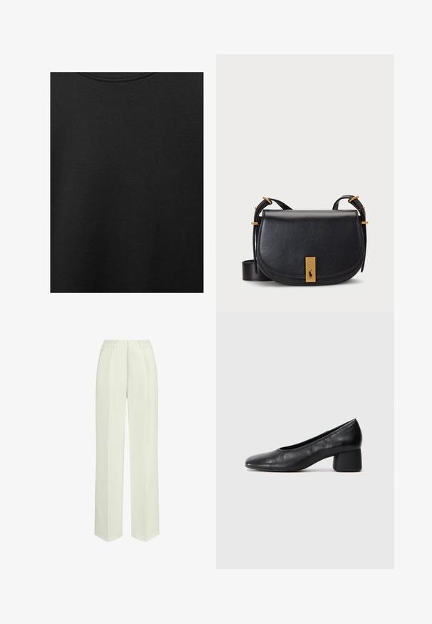 Schwarzer Baumwollstoff mit glatter Textur und Rundhalsausschnitt, der ein dezentes, gleichmäßiges Strukturmuster aufweist. Keine sichtbaren Logos oder Akzente.; Weite Hose in einem hellen Cremeton, aus einem glatten Stoff gefertigt, mit vorderen Falten und einem taillierten, hohen Taillen-Design.; Schwarze Lederpumps mit runder Zehenpartie und mittelhohem Blockabsatz. Glatte Textur mit minimalen Details, ausgestattet mit einem dezenten elastischen Einstieg.; Schwarze Leder-Umhängetasche mit geschwungener Form, goldfarbener Hardware und einem Frontschild mit Logo. Verstellbarer Schulterriemen inklusive.