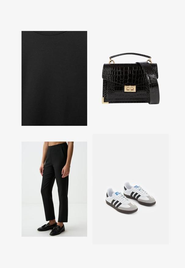 Tissu en coton noir avec une texture lisse et un col rond, présentant un motif grainé subtil et uniforme. Pas de logos ou d'accents visibles.; Pantalons noirs à rayures avec une coupe ajustée, dotés d'un devant plat, de poches latérales et d'une texture lisse. Portés avec des mocassins noirs.; Baskets avec une tige en cuir blanc, un bout en daim gris et trois bandes noires. Présente un logo bleu sur la languette et une semelle en caoutchouc texturée.; Sac à main en cuir verni noir avec une texture crocodile, quincaillerie dorée, une poignée supérieure et une bandoulière amovible. Forme rectangulaire avec une fermeture à rabat.