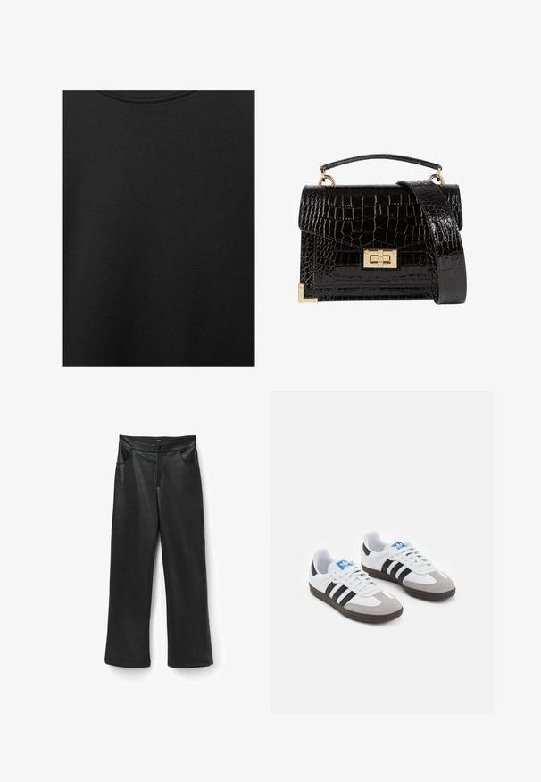 Zwarte katoen stof met een soepele textuur en een ronde halslijn, met een subtiele, gelijkmatige nerfpatroon. Geen zichtbare logo's of accenten.; Zwarte leren wijde broek met een gladde textuur, voorzien van een tailleband en twee voorzakken. Eenvoudig ontwerp zonder patronen of versieringen.; Sportschoenen met een witte leren bovenkant, grijze suède neus en drie zwarte strepen. Bevat een blauw logo op de tong en een gestructureerde rubberen zool.; Zwarte patenten leren handtas met een krokodillenstructuur, gouden hardware, een bovenhandvat en een afneembare schouderband. Rechthoekige vorm met een klepafsluiting.