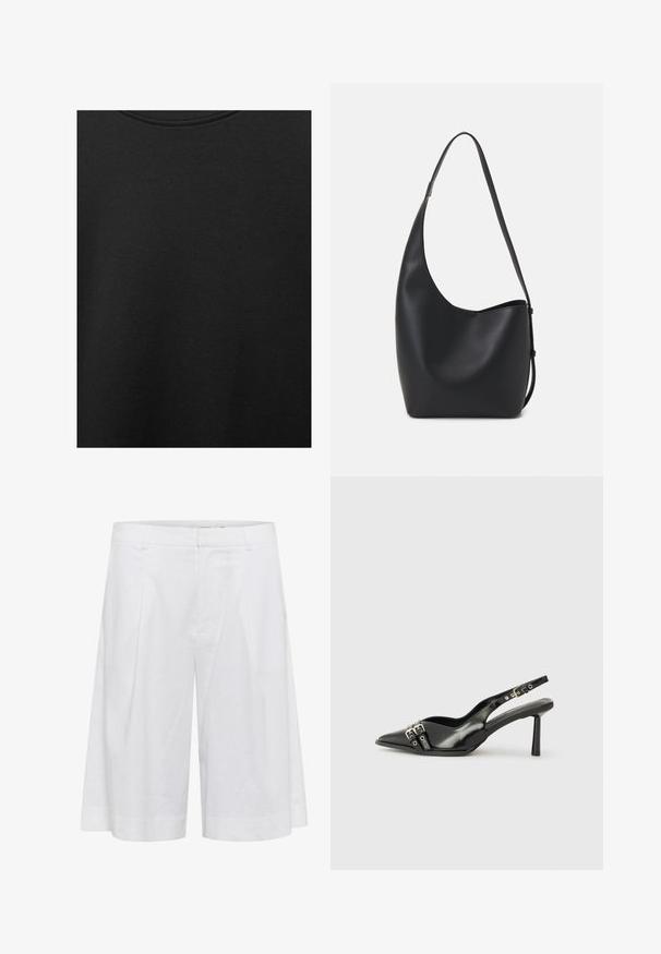 Černá bavlněná tkanina s hladkým povrchem a kulatým výstřihem, s jemným, rovnoměrným zrnem. Žádné viditelné loga ani akcenty.; Bílé lněné šortky s volným střihem, s širokými nohavicemi, předními sklady a hladkou texturou pro prodyšnost.; Černá lakovaná slingback obuv s špičatou špičkou, kotníkovými pásky s kovovými sponami a příslušenstvím, a štíhlým podpatkem.; Černá kožená hobo taška s hladkým povrchem, zakřiveným tvarem a jedním nastavitelným popruhem; má široké otevírání nahoře.