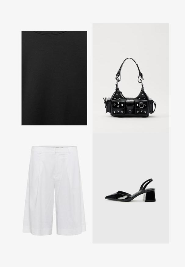 Schwarzer Baumwollstoff mit glatter Textur und Rundhalsausschnitt, der ein dezentes, gleichmäßiges Strukturmuster aufweist. Keine sichtbaren Logos oder Akzente.; Weiße Leinen-Shorts mit lockerer Passform, breitem Bein-Design, vorderen Falten und einer glatten Textur für Atmungsaktivität.; Schwarze Lackleder-Slingback-High Heels mit spitzem Schuh und einem geometrischen Blockabsatz. Verfügt über ein schlankes, minimalistisches Design und eine glatte Textur.; Schwarze Lederhandtasche mit einem geschwungenen Design, verziert mit silbernen Nieten, einer Schnalle und zwei seitlichen Taschen. Verstellbarer Träger für verschiedene Tragemöglichkeiten.