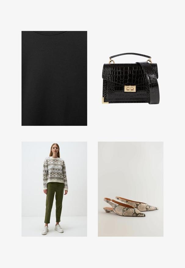 Zwarte katoen stof met een soepele textuur en een ronde halslijn, met een subtiele, gelijkmatige nerfpatroon. Geen zichtbare logo's of accenten.; Gebreide trui met geometrische patronen in beige en lichtblauw, gecombineerd met olijfgroen afgezakte broek en witte sneakers.; Next REGULAR FIT FOREVER COMFORT POINT TOE - Slingback ballerina´s - snake; Zwarte patenten leren handtas met een krokodillenstructuur, gouden hardware, een bovenhandvat en een afneembare schouderband. Rechthoekige vorm met een klepafsluiting.