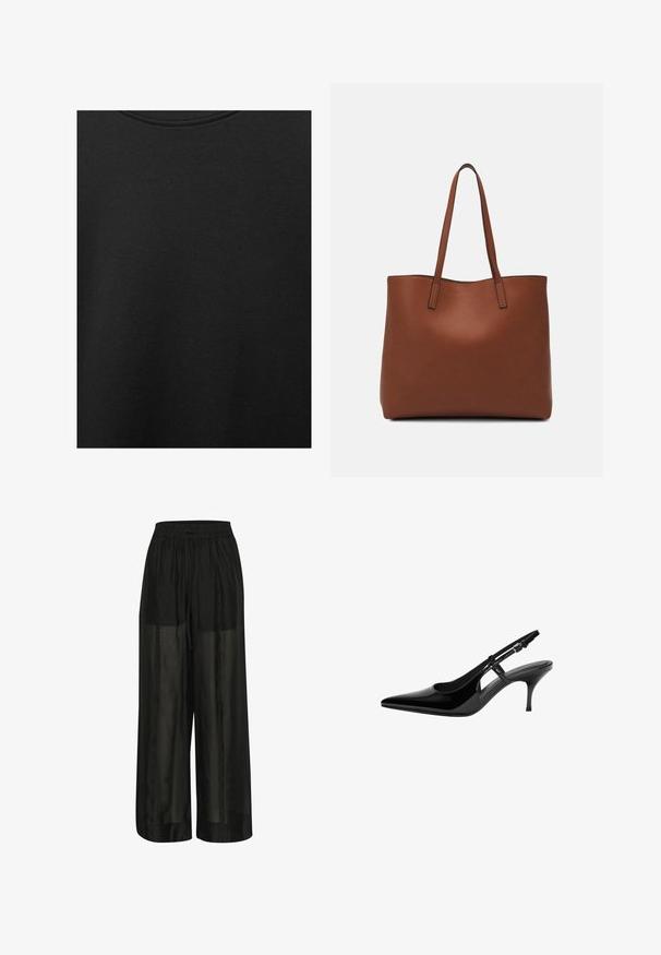 Fekete pamut anyag sima textúrával és kerek nyakkivágással, finom, egyenletes szemcsés mintázattal. Nincsenek látható logók vagy díszítések.; Fekete, bő szárú nadrág áttetsző anyagból, elasztikus derékrésszel és állítható zsinórral a kényelmes illeszkedés érdekében, sima felülettel.; Fekete lakk bőr slingback magassarkú cipő, hegyes orral, nyitott oldalvágásokkal, karcsú sarokkal és állítható boka pánttal.; Barna bőr vászontáska sima textúrával, nyitott tetejű dizájnnal és két vállpánttal. Minimális varrással és látható hardver nélkül készült.