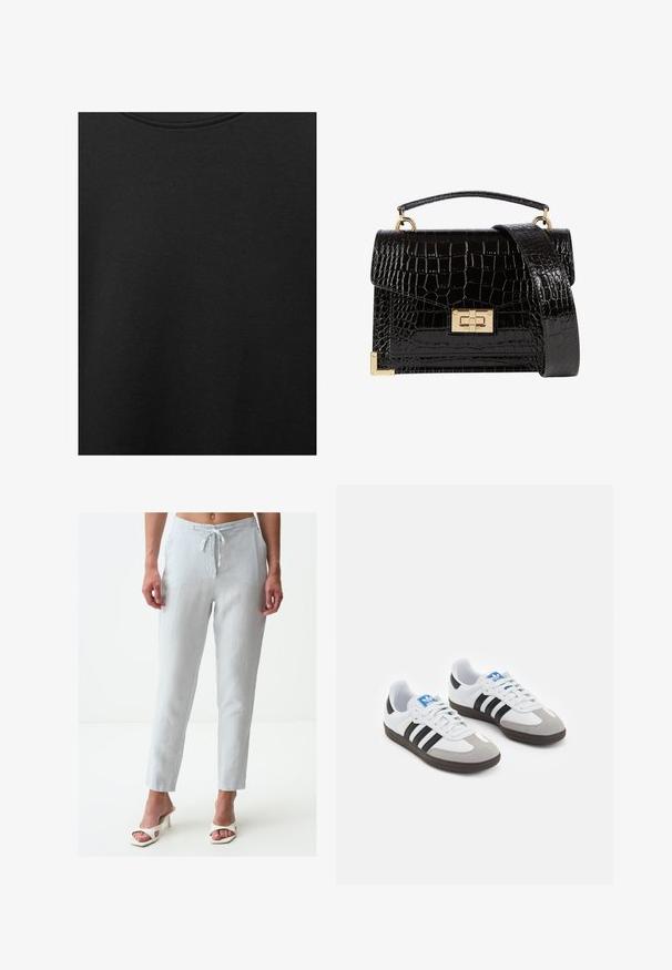 Zwarte katoen stof met een soepele textuur en een ronde halslijn, met een subtiele, gelijkmatige nerfpatroon. Geen zichtbare logo's of accenten.; Lichtgrijze linnen broek met een koord in de taille, slim fit, taps toelopende benen en twee zijzakken, gecombineerd met witte open teenhakken.; Sportschoenen met een witte leren bovenkant, grijze suède neus en drie zwarte strepen. Bevat een blauw logo op de tong en een gestructureerde rubberen zool.; Zwarte patenten leren handtas met een krokodillenstructuur, gouden hardware, een bovenhandvat en een afneembare schouderband. Rechthoekige vorm met een klepafsluiting.