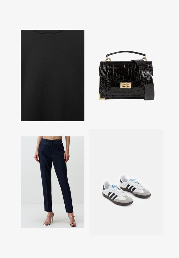 Schwarzer Baumwollstoff mit glatter Textur und Rundhalsausschnitt, der ein dezentes, gleichmäßiges Strukturmuster aufweist. Keine sichtbaren Logos oder Akzente.; Navyfarbene Leinenmischungshose mit Tunnelzugbund, geraden Beinen und Vorderfalten. Sie zeichnet sich durch eine glatte Textur und ein sauberes Design aus.; Sportschuhe mit einem Obermaterial aus weißem Leder, grauer Wildleder-Zehenkappe und drei schwarzen Streifen. Sie verfügen über ein blaues Logo auf der Zunge und eine strukturierte Gummisohle.; Schwarz lackierte Handtasche mit Krokodilstruktur, goldfarbenen Hardware, einem oberen Griff und einem abnehmbaren Schulterriemen. Rechteckige Form mit Klappenverschluss.