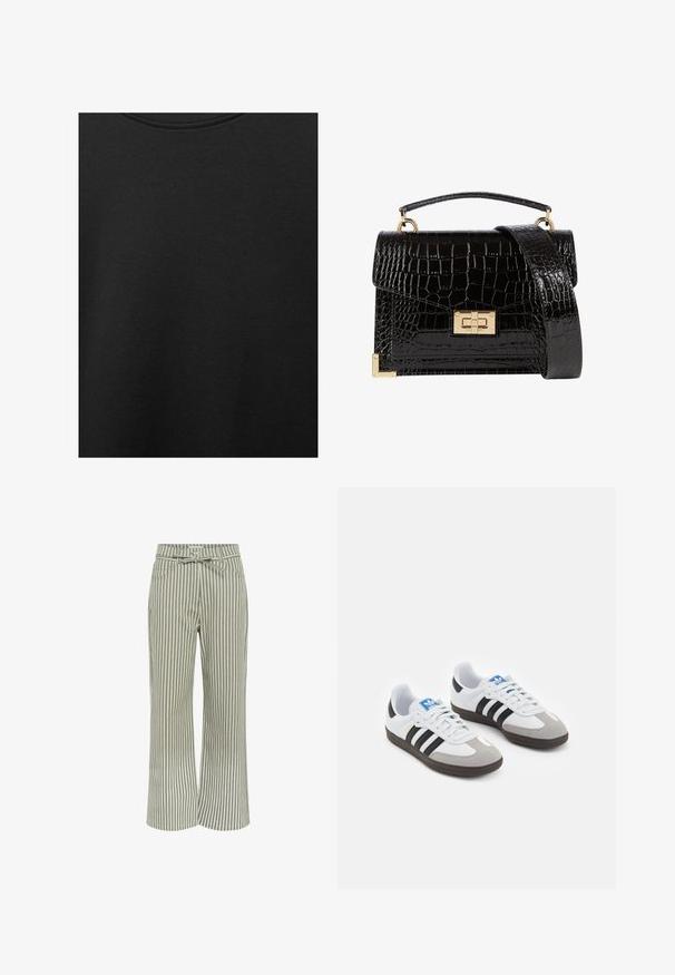 Schwarzer Baumwollstoff mit glatter Textur und Rundhalsausschnitt, der ein dezentes, gleichmäßiges Strukturmuster aufweist. Keine sichtbaren Logos oder Akzente.; Gestreifte weite Hosen in Grün und Weiß, mit einem Taillengürtel, zwei vorderen Taschen und einer weichen Stoffqualität.; Sportschuhe mit einem Obermaterial aus weißem Leder, grauer Wildleder-Zehenkappe und drei schwarzen Streifen. Sie verfügen über ein blaues Logo auf der Zunge und eine strukturierte Gummisohle.; Schwarz lackierte Handtasche mit Krokodilstruktur, goldfarbenen Hardware, einem oberen Griff und einem abnehmbaren Schulterriemen. Rechteckige Form mit Klappenverschluss.