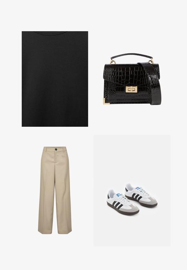 Czarna bawełniana tkanina o gładkiej teksturze i okrągłym dekolcie, z delikatnym, równomiernym wzorem włókna. Brak widocznych logo lub akcentów.; Beżowe spodnie z wysokim stanem i szerokimi nogawkami, z jednym guzikiem z przodu, szlufkami na pasek i prasowanymi zmarszczkami. Gładka tekstura i dopasowany krój.; Buty sportowe z białą skórzaną cholewką, szarym zamszowym noskiem i trzema czarnymi paskami. Posiadają niebieskie logo na języku oraz teksturowaną gumową podeszwę.; Czarna torebka na ramię z lakierowanej skóry licowej o fakturze krokodyla, ze złotymi akcesoriami, górną rączką oraz odczepianym paskiem na ramię. Prostokątny kształt z klapką.