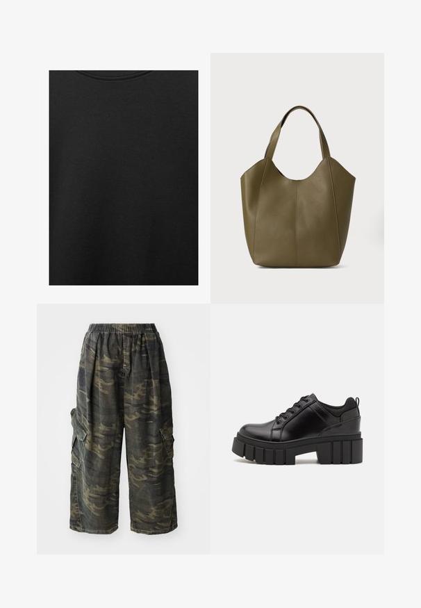 Czarna bawełniana tkanina o gładkiej teksturze i okrągłym dekolcie, z delikatnym, równomiernym wzorem włókna. Brak widocznych logo lub akcentów.; Spodnie cargo w wzór kamuflażowy, wykonane z mieszanki bawełny. Posiadają elastyczny pas oraz boczne kieszenie z klapkami.; Czarne skórzane buty na platformie z masywnym słupkowym obcasem, okrągłym noskiem i klasycznym sznurowaniem. Posiadają gładką teksturę i minimalne wykończenia.; Torebka na ramię w oliwkowozielonym kolorze z podwójnymi uchwytami, gładka tekstura i czteropanelowa konstrukcja. Wzmocnione przeszycia wzdłuż szwów dla większej trwałości.