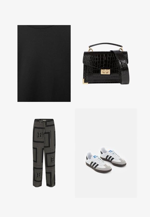 Czarna bawełniana tkanina o gładkiej teksturze i okrągłym dekolcie, z delikatnym, równomiernym wzorem włókna. Brak widocznych logo lub akcentów.; Czarne spodnie z geometrycznym wzorem białych linii i kwadratów, zaprojektowane z elastycznym pasem na sznurku i szerokimi nogawkami.; Buty sportowe z białą skórzaną cholewką, szarym zamszowym noskiem i trzema czarnymi paskami. Posiadają niebieskie logo na języku oraz teksturowaną gumową podeszwę.; Czarna torebka na ramię z lakierowanej skóry licowej o fakturze krokodyla, ze złotymi akcesoriami, górną rączką oraz odczepianym paskiem na ramię. Prostokątny kształt z klapką.