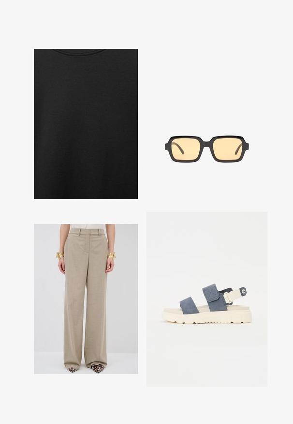 Zwarte katoen stof met een soepele textuur en een ronde halslijn, met een subtiele, gelijkmatige nerfpatroon. Geen zichtbare logo's of accenten.; Beige wijde broek met een subtiele textuur, voorzien van voorzakken, een taillenaad en een rechte pasvorm.; Blauwe suède sandaal met twee bandjes en een verstelbare achterkant. Dikke crèmekleurige rubberen zool met getextureerde details en logomerkaccent.; Zwarte rechthoekige zonnebril met gele glazen, een lichtgewicht montuur en opvallende rechte randen op de temples. Gladde, glanzende afwerking.