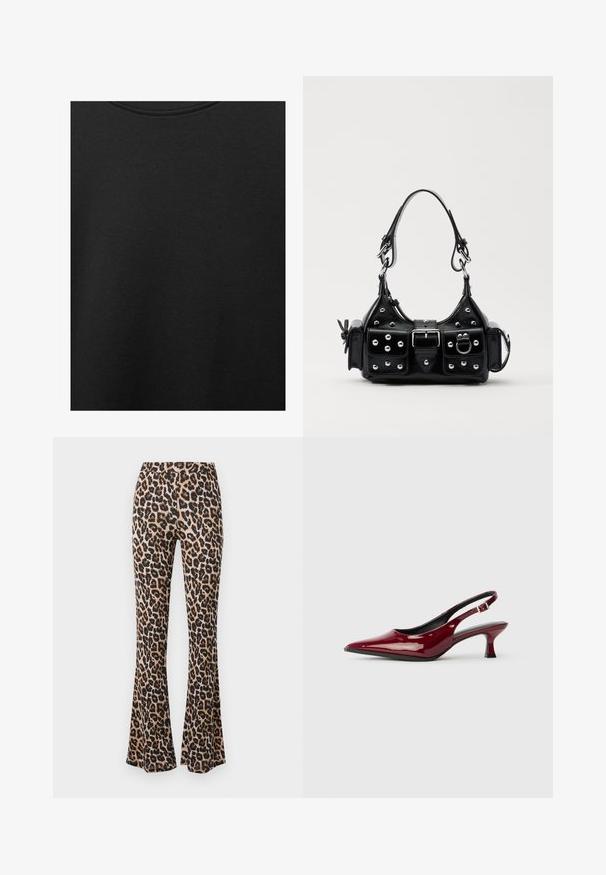 Zwarte katoen stof met een soepele textuur en een ronde halslijn, met een subtiele, gelijkmatige nerfpatroon. Geen zichtbare logo's of accenten.; Leporelloprint uitlopende broek in zandkleur en zwart, gemaakt van zachte stof met een gladde textuur, met een aansluitende taille en uitlopende zoom.; Bordeaux patent leren slingback hakken met een puntige neus en een slanke stilettostonk. Ontwerp met open achterkant en verstelbare enkelriem.; Zwarte lederen handtas met een gebogen ontwerp, voorzien van zilveren studs, een gesp en twee zijvakken. Verstelbare schouderband voor verschillende draagmogelijkheden.