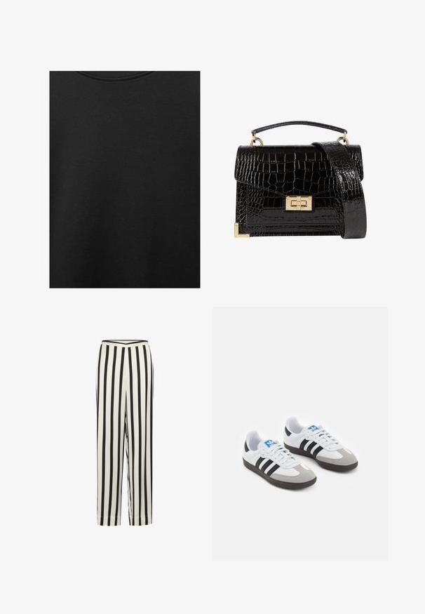 Schwarzer Baumwollstoff mit glatter Textur und Rundhalsausschnitt, der ein dezentes, gleichmäßiges Strukturmuster aufweist. Keine sichtbaren Logos oder Akzente.; Schwarz-weiße gestreifte Hose mit geradem Bein und elastischem Bund. Hergestellt aus leichtem Stoff mit glatter Textur.; Sportschuhe mit einem Obermaterial aus weißem Leder, grauer Wildleder-Zehenkappe und drei schwarzen Streifen. Sie verfügen über ein blaues Logo auf der Zunge und eine strukturierte Gummisohle.; Schwarz lackierte Handtasche mit Krokodilstruktur, goldfarbenen Hardware, einem oberen Griff und einem abnehmbaren Schulterriemen. Rechteckige Form mit Klappenverschluss.