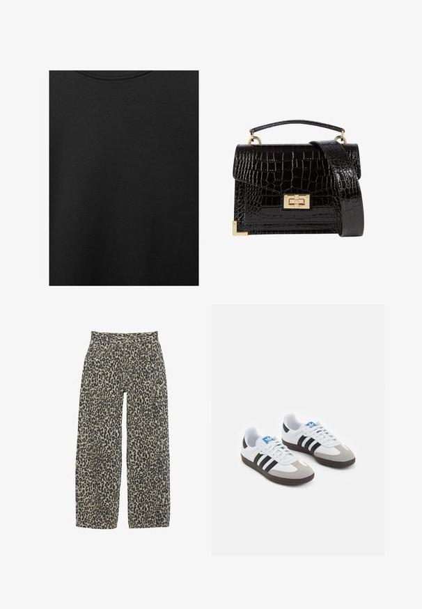 Czarna bawełniana tkanina o gładkiej teksturze i okrągłym dekolcie, z delikatnym, równomiernym wzorem włókna. Brak widocznych logo lub akcentów.; Spodnie w panterkę o szerokich nogawkach w neutralnej palecie beżu i czerni. Posiadają wysoką talię, pięć kieszeni oraz zapięcie na guzik.; Buty sportowe z białą skórzaną cholewką, szarym zamszowym noskiem i trzema czarnymi paskami. Posiadają niebieskie logo na języku oraz teksturowaną gumową podeszwę.; Czarna torebka na ramię z lakierowanej skóry licowej o fakturze krokodyla, ze złotymi akcesoriami, górną rączką oraz odczepianym paskiem na ramię. Prostokątny kształt z klapką.