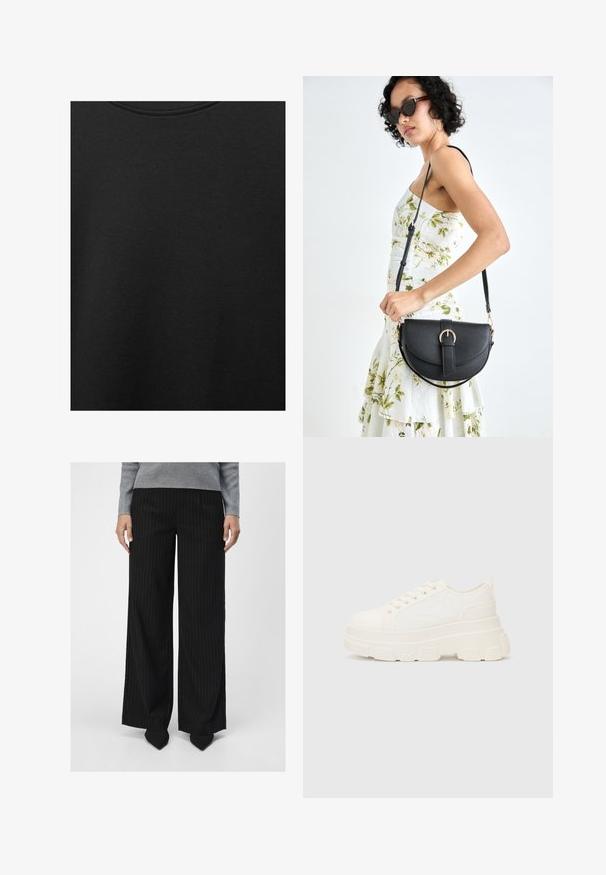 Black cotton fabric with smooth texture and a round neckline, featuring a subtle, even grain pattern. No visible logos or accents.; Object OBJLISA WIDE - Trousers - black; White canvas sneaker with a chunky sole, rounded toe, and five eyelets for laces. Back tab for easy wear. Smooth texture, minimalist design.; Black leather handbag with a curved shape, detachable strap, and gold hardware. The bag features a flap with a buckle detail.