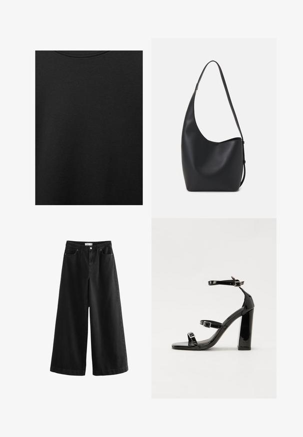 Musta puuvillakangas, jossa on sileä pinta ja pyöreä pääntie, ominaisuutena hienovarainen ja tasainen rakennekuvio. Ei näkyviä logoja tai korostuksia.; Musta leveälahkeinen farkut, joissa on korkeavyötärö, viisi taskua ja siisti viimeistely. Kangas on sileä, ja siinä on vain vähäisiä koristeita.; Musta kiiltävä korkokenkä sandaalit neliönmuotoisella varpaalla, nilkkaremmillä ja hopeisilla soljilla. Varustettu tukevalla lohkokorkealla vakauden takaamiseksi.; Musta nahkainen hobo-laukku, jossa on sileä pinta, kaareva muoto ja yksi säädettävä olkahihna; sisäänkäynti on leveä ylhäältä.