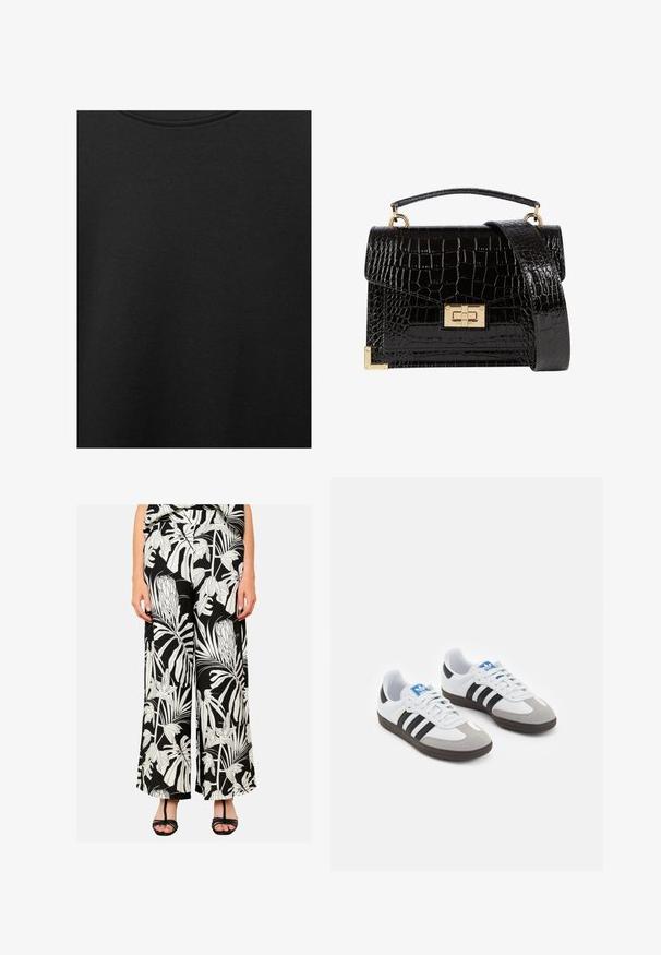 Czarna bawełniana tkanina o gładkiej teksturze i okrągłym dekolcie, z delikatnym, równomiernym wzorem włókna. Brak widocznych logo lub akcentów.; LolaLiza WIDE czarny; Buty sportowe z białą skórzaną cholewką, szarym zamszowym noskiem i trzema czarnymi paskami. Posiadają niebieskie logo na języku oraz teksturowaną gumową podeszwę.; Czarna torebka na ramię z lakierowanej skóry licowej o fakturze krokodyla, ze złotymi akcesoriami, górną rączką oraz odczepianym paskiem na ramię. Prostokątny kształt z klapką.