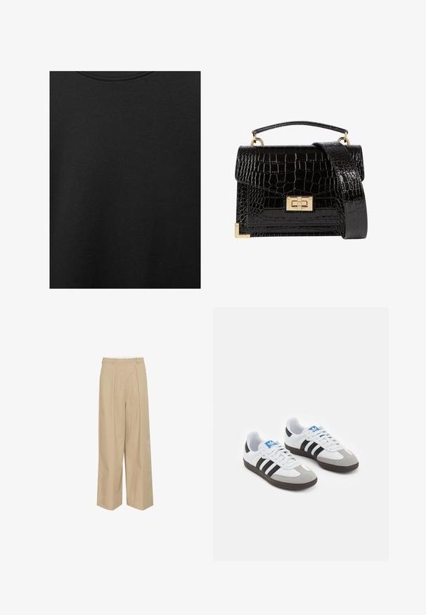 Sort bomuldsstof med glat struktur og rund halsudskæring, prydet med et subtilt, jævnt kornmønster. Ingen synlige logoer eller accenter.; Beige vide bukser med frontfolder, en taljebælte og en glat, let tekstur.; Sportsko med en overdel i hvid læder, grå ruskind på tåen og tre sorte striber. Har et blåt logo på tungen og en struktureret gummisål.; Sort lakeret håndtaske med krokodillemønster, guldbeslag, en top-håndtag og en aftagelig skulderrem. Firkantet form med klaplukning.