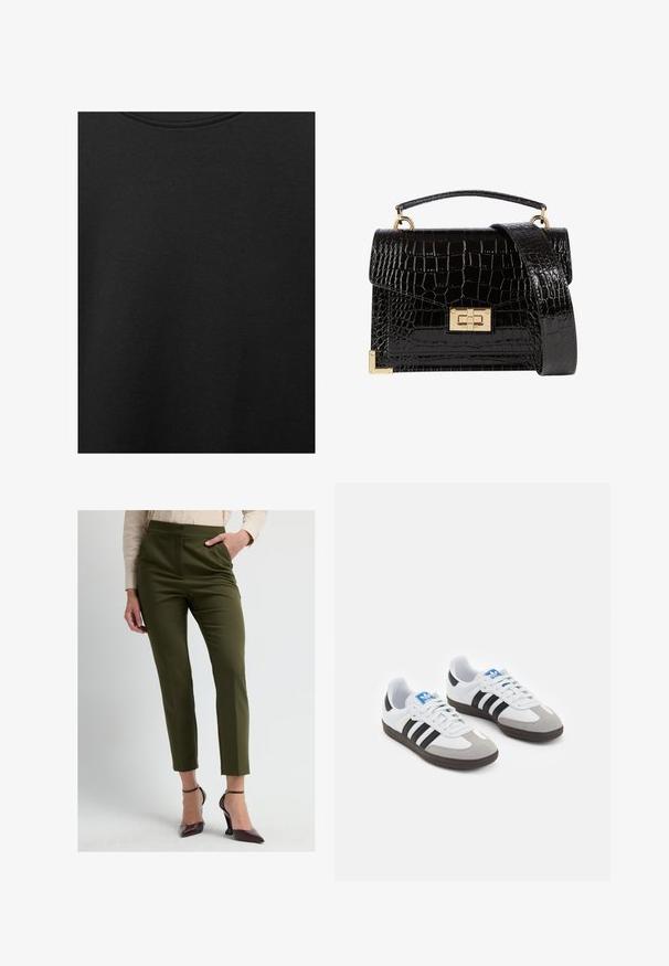 Sort bomuldsstof med glat struktur og rund halsudskæring, prydet med et subtilt, jævnt kornmønster. Ingen synlige logoer eller accenter.; Olivenfarvede skræddersyede bukser med høj talje, tilspidsede ben og forreste sømme. Kombineret med bordeauxfarvede spidse hæle og en lys bluse.; Sportsko med en overdel i hvid læder, grå ruskind på tåen og tre sorte striber. Har et blåt logo på tungen og en struktureret gummisål.; Sort lakeret håndtaske med krokodillemønster, guldbeslag, en top-håndtag og en aftagelig skulderrem. Firkantet form med klaplukning.