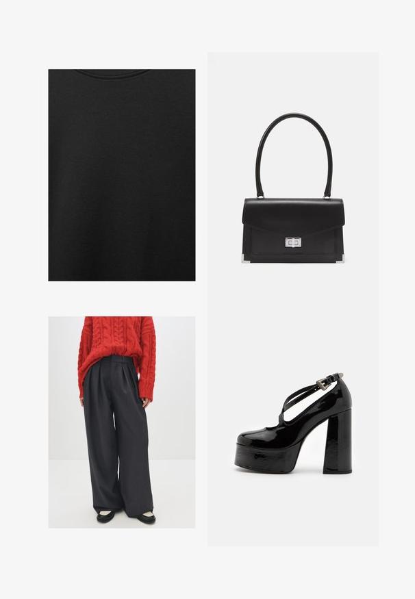 Sort bomuldsstof med glat struktur og rund halsudskæring, prydet med et subtilt, jævnt kornmønster. Ingen synlige logoer eller accenter.; Rød kabelstriktrøje kombineret med høj talje, mørkegrå brede bukser og sorte flade sko med cremefarvede detaljer. Tekstureret strik og frynser synlige.; The Kooples CHAUSSURES - Højhælede pumps - black; Sort læderhåndtaske med et struktureret design, et topgreb og en sølvklips. Har hjørneaccenter og en glat tekstur.