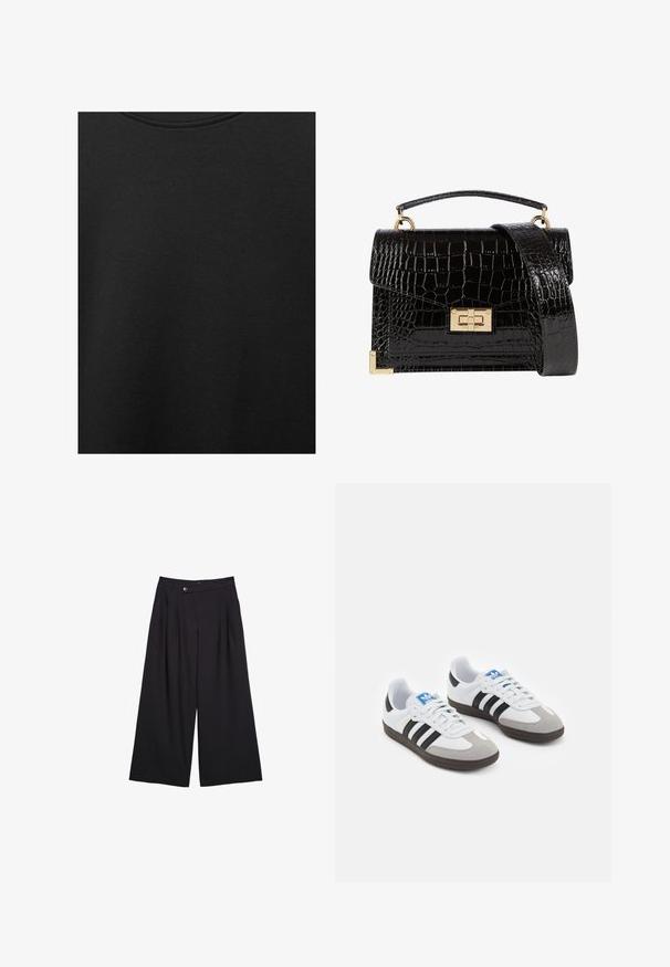 Zwarte katoen stof met een soepele textuur en een ronde halslijn, met een subtiele, gelijkmatige nerfpatroon. Geen zichtbare logo's of accenten.; Zwarte wijde broek van gladde stof, met voorplooien, een knoopsluiting en een hoge taille.; Sportschoenen met een witte leren bovenkant, grijze suède neus en drie zwarte strepen. Bevat een blauw logo op de tong en een gestructureerde rubberen zool.; Zwarte patenten leren handtas met een krokodillenstructuur, gouden hardware, een bovenhandvat en een afneembare schouderband. Rechthoekige vorm met een klepafsluiting.