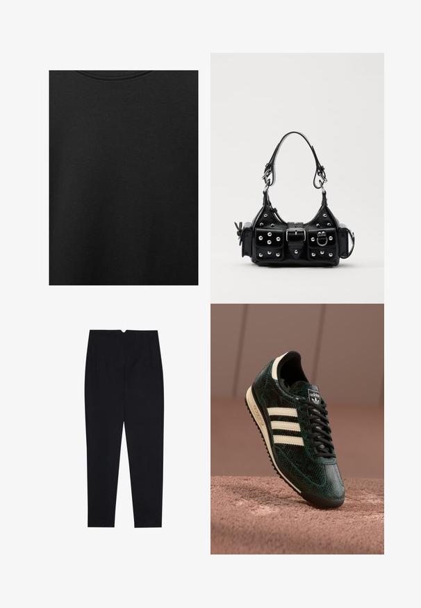 Fekete pamut anyag sima textúrával és kerek nyakkivágással, finom, egyenletes szemcsés mintázattal. Nincsenek látható logók vagy díszítések.; Fekete nadrág текстúrált anyagból, lapos elejű, oldalsó zsebekkel és egyenes lábakkal, közepesen magas derékkal.; Zöld textúrájú sneaker, kígyóbőr mintával, három krémcsíkot, fekete fűzős bemutatóval és fekete talppal. Klasszikus Adidas logó.; Fekete bőr kézitáska ívelt designnal, ezüst szegecsekkel, csattal és két oldalsó zsebbel. Állítható vállpánt a hordozási lehetőségekhez.