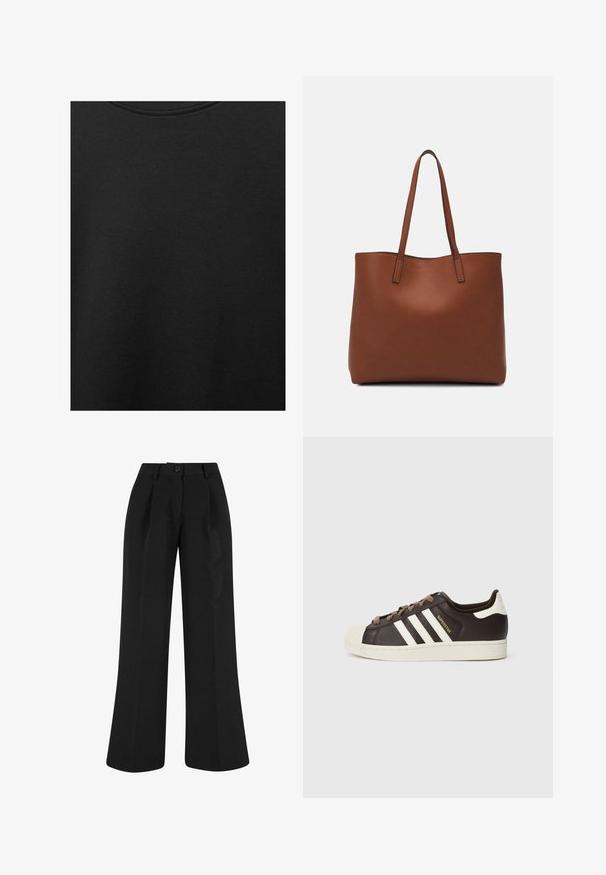 Fekete pamut anyag sima textúrával és kerek nyakkivágással, finom, egyenletes szemcsés mintázattal. Nincsenek látható logók vagy díszítések.; Fekete, bő lábú nadrág, elülső redőkkel, sima anyagból készült. Gombos záródással és szabott dizájnnal rendelkezik.; Sötétbarna bőr alacsony szárú Adidas Superstar sportcipő krémszínű kagyló orral, fehér csíkokkal és "Superstar" felirattal az oldalon.; Barna bőr vászontáska sima textúrával, nyitott tetejű dizájnnal és két vállpánttal. Minimális varrással és látható hardver nélkül készült.
