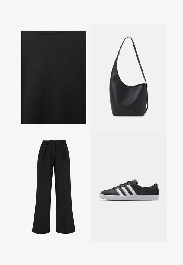 Zwarte katoen stof met een soepele textuur en een ronde halslijn, met een subtiele, gelijkmatige nerfpatroon. Geen zichtbare logo's of accenten.; Zwarte wijde broek met voorplooien, gemaakt van een gladde stof. Heeft een knoopsluiting en een getailleerd ontwerp.; Zwarte lederen sneaker met een witte drie-strepen ontwerp, ronde neus, platte witte rubberen zool en merkdetail aan de zijkant.; Zwarte leren hobo tas met een gladde textuur, kromme vorm en een enkele verstelbare schouderband; heeft een brede opening aan de bovenkant.