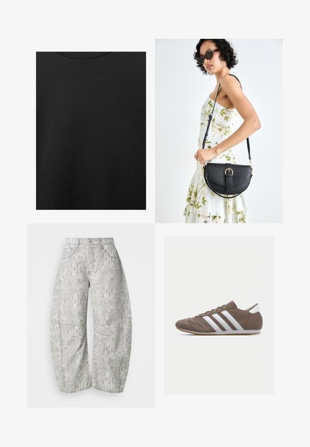 Fekete pamut anyag sima textúrával és kerek nyakkivágással, finom, egyenletes szemcsés mintázattal. Nincsenek látható logók vagy díszítések.; Kígyómintás, világosszürke és krém színű, bőszárú farmernadrág. Farmer anyag, öt zsebbel, látható varrással és gombos záródással.; Barna velúr sportcipő fehér csíkokkal, kerek orral, fűzős kialakítással és gumitalppal. Textúrázott felsőrész varrási részletekkel.; Fekete bőrtáska ívelt formával, levehető pánttal és arany színű fémrészekkel. A táskán egy csattal díszített fedél található.