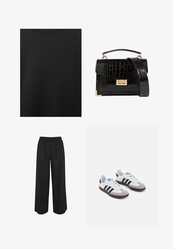 Zwarte katoen stof met een soepele textuur en een ronde halslijn, met een subtiele, gelijkmatige nerfpatroon. Geen zichtbare logo's of accenten.; Zwarte wijde broekspijpen gemaakt van een lichtgewicht stof, met een elastische tailleband en een koord voor aanpasbare pasvorm.; Sportschoenen met een witte leren bovenkant, grijze suède neus en drie zwarte strepen. Bevat een blauw logo op de tong en een gestructureerde rubberen zool.; Zwarte patenten leren handtas met een krokodillenstructuur, gouden hardware, een bovenhandvat en een afneembare schouderband. Rechthoekige vorm met een klepafsluiting.