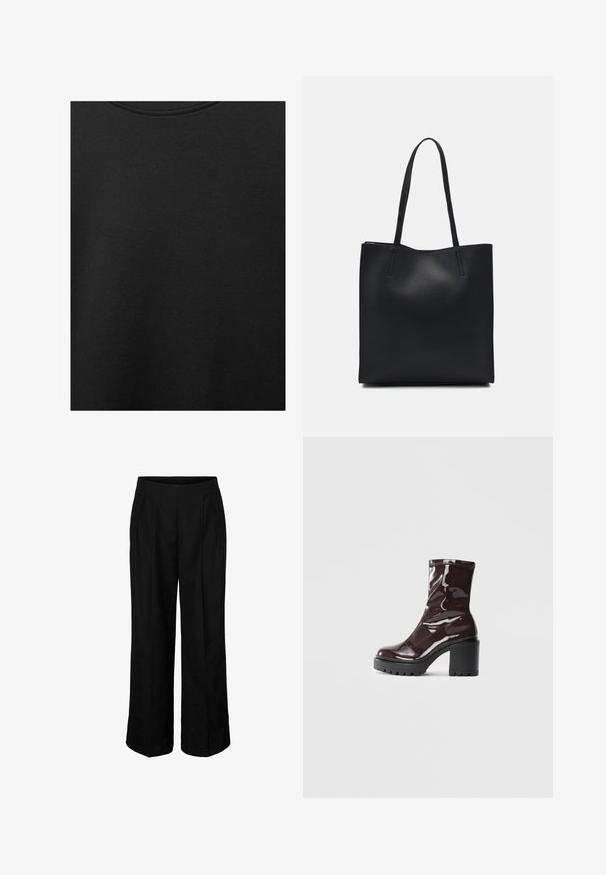 Črn bombažni material z gladko teksturo in okroglo izrezom, ki ima subtilen, enakomeren vzorec. Brez vidnih logotipov ali akcentov.; Črne hlače z visokim pasom in širokimi nogavicami, z zgornjimi pregibnimi šivi in stranskimi žepi, zasnovane za formalno ali poslovno nošenje.; Sijajan škrlatank z bleščečim videzom, z masivnim črnim peto, ki se ponaša z gladko teksturo in preprostim dizajnom. Brez vidnih zapenjal ali vzorcev.; Črna usnjena torba s svilnato teksturo, pravokotne oblike in dvema dolgima ročajema. Brez vidnih metalnih delov ali okrasnih elementov.