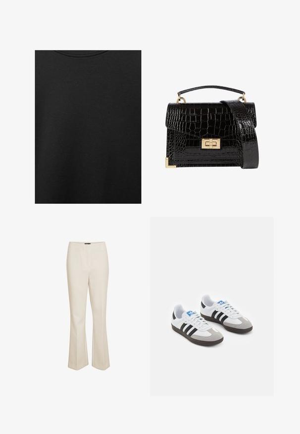Schwarzer Baumwollstoff mit glatter Textur und Rundhalsausschnitt, der ein dezentes, gleichmäßiges Strukturmuster aufweist. Keine sichtbaren Logos oder Akzente.; Beige maßgeschneiderte Hosen aus glattem Stoff, mit einem Schnitt, der am Saum ausgestellt ist, und einer mittelhohen Taille mit einer dezenten Vordernaht.; Sportschuhe mit einem Obermaterial aus weißem Leder, grauer Wildleder-Zehenkappe und drei schwarzen Streifen. Sie verfügen über ein blaues Logo auf der Zunge und eine strukturierte Gummisohle.; Schwarz lackierte Handtasche mit Krokodilstruktur, goldfarbenen Hardware, einem oberen Griff und einem abnehmbaren Schulterriemen. Rechteckige Form mit Klappenverschluss.
