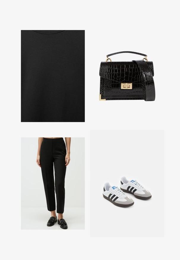 Schwarzer Baumwollstoff mit glatter Textur und Rundhalsausschnitt, der ein dezentes, gleichmäßiges Strukturmuster aufweist. Keine sichtbaren Logos oder Akzente.; Schwarze, maßgeschneiderte Hose mit glatter Textur, hohem Bund, geradem Bein und dezenten Falten, kombiniert mit schwarzen Slippern.; Sportschuhe mit einem Obermaterial aus weißem Leder, grauer Wildleder-Zehenkappe und drei schwarzen Streifen. Sie verfügen über ein blaues Logo auf der Zunge und eine strukturierte Gummisohle.; Schwarz lackierte Handtasche mit Krokodilstruktur, goldfarbenen Hardware, einem oberen Griff und einem abnehmbaren Schulterriemen. Rechteckige Form mit Klappenverschluss.