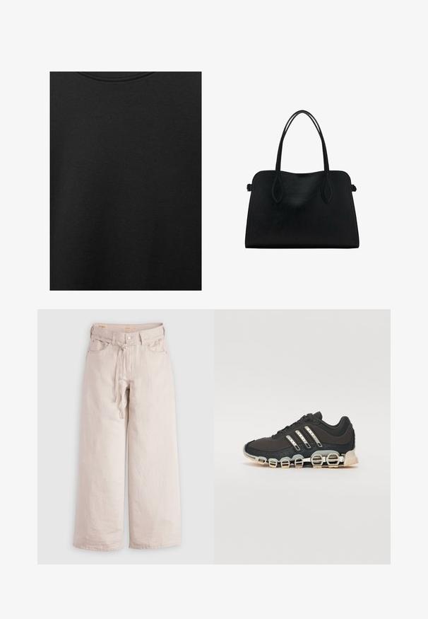 Țesătură de bumbac neagră cu o textură netedă și un guler rotund, având un model de granulație subtil și uniform. Fără logo-uri sau accente vizibile.; Pantaloni largi de denim, de culoare bej deschis, cu închidere cu nasture, curea și buzunare frontale. Textură netedă, cu un croi lejer.; Pantof cu aspect sport de culoare neagră, cu un superior texturat, trei dungi argintii și o talpă de amortizare distinctivă, ce prezintă multiple secțiuni integrate.; Geantă din piele neagră cu două mânere pentru umăr, formă rectangulară și design minimalistic pe un fundal alb.
