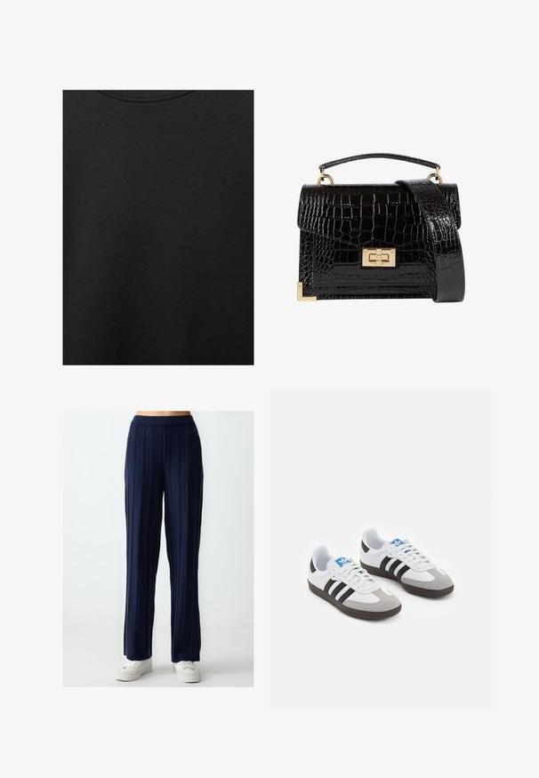 Schwarzer Baumwollstoff mit glatter Textur und Rundhalsausschnitt, der ein dezentes, gleichmäßiges Strukturmuster aufweist. Keine sichtbaren Logos oder Akzente.; Marineblauweite Hose mit vertikaler Ripptextur, elastischem Bund und lockerer Passform, kombiniert mit weißen Freizeitsneakern.; Sportschuhe mit einem Obermaterial aus weißem Leder, grauer Wildleder-Zehenkappe und drei schwarzen Streifen. Sie verfügen über ein blaues Logo auf der Zunge und eine strukturierte Gummisohle.; Schwarz lackierte Handtasche mit Krokodilstruktur, goldfarbenen Hardware, einem oberen Griff und einem abnehmbaren Schulterriemen. Rechteckige Form mit Klappenverschluss.