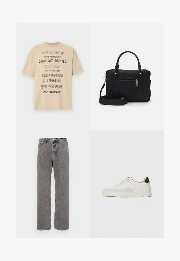 Beige oversized t-skjorte med gjentatte tekstgrafikker i svart, med varierende skrifttyper. Laget av myk bomullsstoff.; Grå denimjeans med rette ben, fem lommer og knappelukking i midjen. Subtilt slitte detaljer gjennom hele.; Hvit sneakers med semsket detaljer, rund tå, flate snøringer og en kremfarget gummisåle. Har grønn merking på hælen.; Svart syntetisk totebag med to håndtak, avtagbar skulderrem, frontlomme med glidelås og detaljer i sølv.
