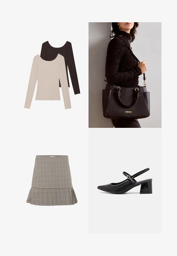 Long-sleeve shirts in beige and dark brown, made of ribbed fabric with a scoop neckline and fitted design.; Grey plaid skirt with a flared hem, featuring a subtle pleated design and a fitted waist. Made of lightweight fabric.; Black patent leather slingback heels with a pointed toe, a rounded cutout design, and a block heel. Features a gold-tone buckle accent.; Black handbag with textured surface, dual top handles, and adjustable shoulder strap. Features gold-tone hardware and side pockets.