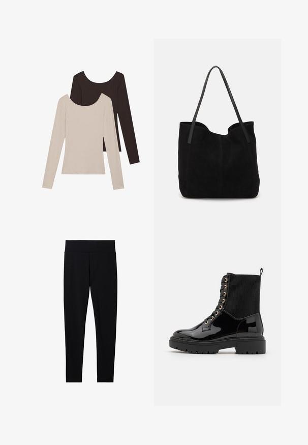 Camisas de manga larga en color beige y marrón oscuro, hechas de tela de canalé, con escote redondeado y diseño ajustado.; Mallas negras elásticas con una cinturilla ancha y suave, que cuentan con una textura lisa y un corte entallado, adecuadas para diversas actividades.; Botas negras de charol hasta el tobillo con una parte superior de tela ribeteada texturizada, ojales dorados, cordones negros y suela resistente.; Bolso de mano de ante negro con dos correas de cuero largas y planas. Presenta un borde superior curvado y costuras visibles en la parte frontal. Sin acentos de metal.