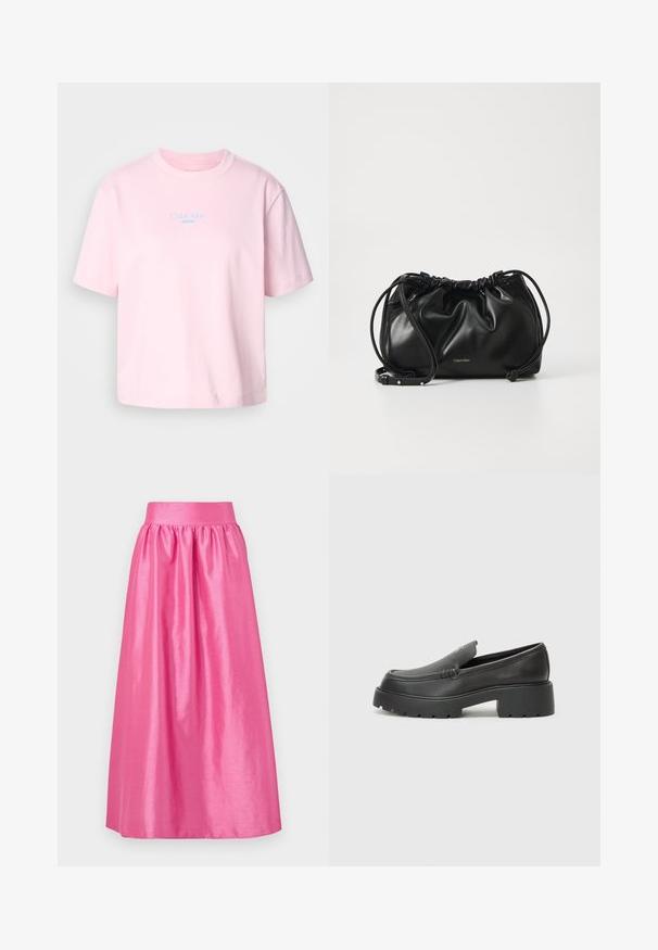T-shirt en coton rose avec un col rond, des manches courtes, et un logo bleu "Calvin Klein JEANS" placé au centre sur la poitrine.; Jupe longue en satin rose avec une taille froncée et une silhouette fluide. Texture lisse avec une finition brillante.; Mocassins en cuir noir avec un bout arrondi, une semelle épaisse et texturée, et des détails de couture minimalistes. Design épuré sans lacets ni métal visibles.; Sac à main en cuir noir avec un design froncé, fermeture à double cordon et bandoulière amovible. Présente un détail de logo métallique.