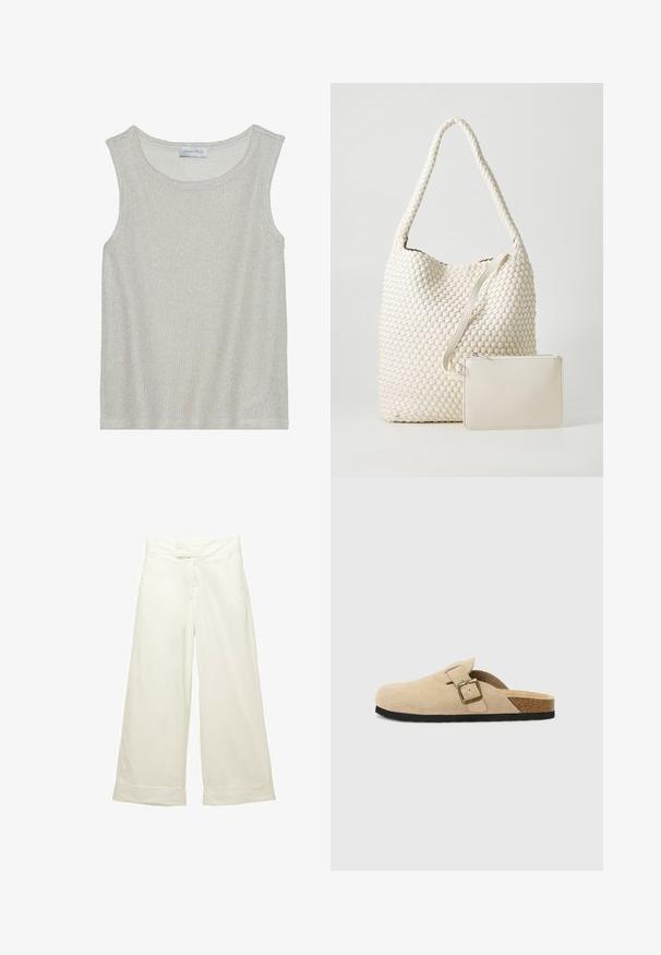 Světlé šedé bezrámové tričko z měkké pleteniny s texturou. Má kulatý výstřih a volný střih. Uvnitř je štítek s nápisem "ANNA FIELD".; Široké kalhoty z jemné krémové látky. Mají plochý pas a ohrnuté manžety. Hladký povrch s čistým, minimalistickým designem.; Béžové semišové klouzavé dřeváky s korkovou stélkou, zaoblenou špičkou a jednoduchým páskem s kovovou sponou v zlatém tónu. Gumová podrážka pro lepší přilnavost.; Tkaná bílá taška s texturovaným povrchem a dlouhým popruhem; součástí je malá odpovídající zipová taštička.