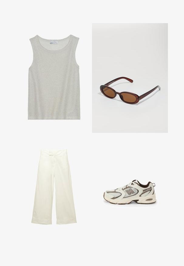 Light gray sleeveless top with a soft, textured knit fabric. Features a round neckline and a loose fit. Label reads "ANNA FIELD" inside.; Wide-leg trousers in soft, cream fabric. Features a flat front waistband and rolled cuffs. Smooth texture with a clean, minimalist design.; White and brown athletic shoe with mesh upper, curved design, cushioned sole, and "N" logo on the side. Durable rubber outsole.; Round, brown-tinted sunglasses with a glossy burgundy frame. Slim arms with subtle branding detail. Flat lens design.