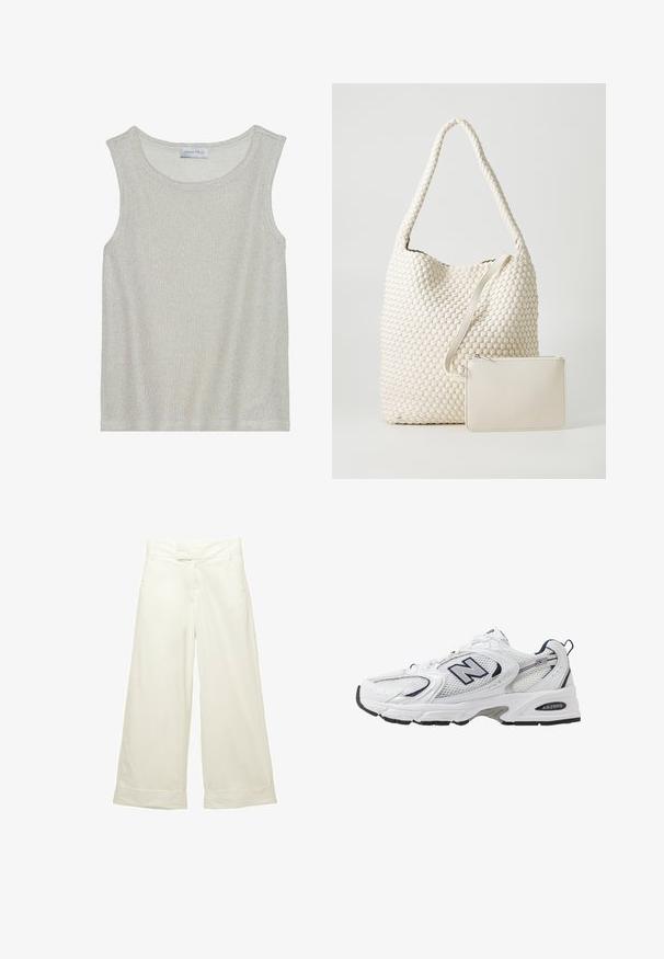 Lys grå ærmeløs top med et blødt, tekstureret strikstof. Har en rund halsudskæring og en løs pasform. Mærket læser "ANNA FIELD" indeni.; Bredde bukser i blødt, cremefarvet stof. Har en flad talje og op-rullede manchetter. Glat tekstur med et rent, minimalistisk design.; Hvide sportsko med netoverdel, marineblå detaljer og polstret sål. Har "N" logo, snørebånd og struktureret detalje på siden.; Vævet hvid tote taske med en struktureret overflade og en lang strop; inkluderer en lille matchende lynlåspose.