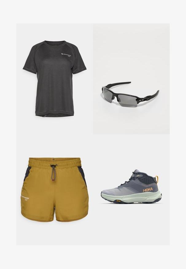 Lyhythihainen urheilupaita tummanharmaana, jossa on teksturoitu kangas, raglan-hihat ja pieni logo vasemmalla etupuolella.; Khaki-shortsit, joissa on tekstuurinen musta verkko-osio, joustava vyötärö, säädettävä nyöri ja painettu logo vasemmassa etureunassa.; Harmaa HOKA-vaelluskenkä, jossa on teksturoitu päällinen, synteettiset yksityiskohdat ja vaaleanvihreä välipohja. Varustettu Vibram-pohjalla pitävyyden takaamiseksi.; Musta urheilulasit harmailla linsseillä, kaarevalla kehysdesignilla ja logotiedoilla sivussa. Valmistettu kevyestä muovimateriaalista.