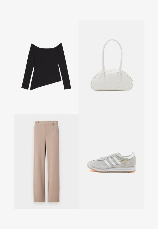 Maglietta nera off-the-shoulder con maniche lunghe, caratterizzata da una texture a coste e un bordo asimmetrico, che mette in evidenza un design aderente e un tessuto morbido.; Pantaloni beige chiaro con taglio dritto, design sartoriale e tasche anteriori, dal texture liscia e con cintura.; Sneaker grigio chiaro realizzato in suede e rete, con tre strisce bianche, punta arrotondata e suola in gomma color caramello. Accento del logo dorato vicino ai lacci.; Even&Odd Borsa a mano - off-white; Orecchino in metallo color oro con un design elegante e curvo. Presenta una forma appuntita distintiva, superficie lucida e chiusura a cerniera.